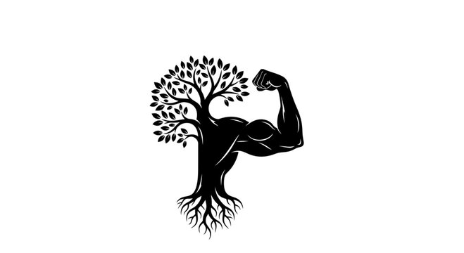 Strong arm flexing with tree roots.
