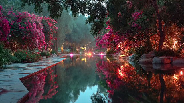 Magical twilight garden oasis with vibrant bougainvillea and tranquil reflecting pool, illuminated by warm ambient lights, creating a serene and luxurious atmosphere perfect for resort promotion,