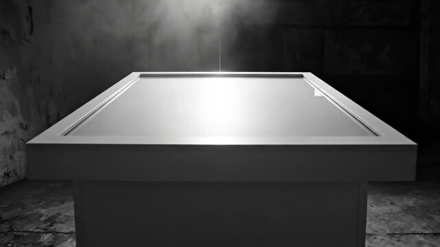 Mysterious illuminated table in a dark, atmospheric abandoned warehouse space with fog and shadows