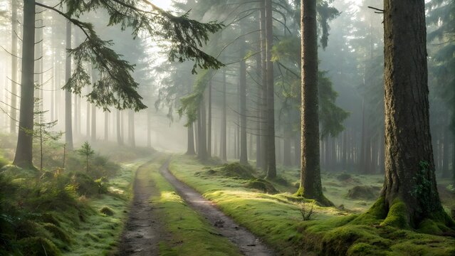 Tall pine trees line a narrow dirt path running through a mysterious and foggy forest during a quiet morning in the early autumn season