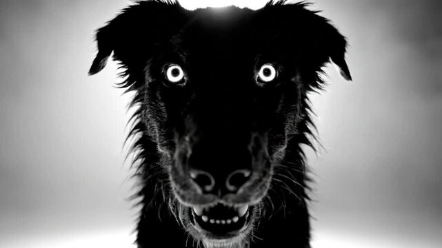Spooky black dog with glowing eyes sits under a bright spotlight in a mysterious, misty setting, in grayscale