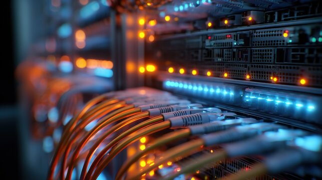 Close-up of a modern server rack in a data center with glowing orange and blue LED lights and network cables