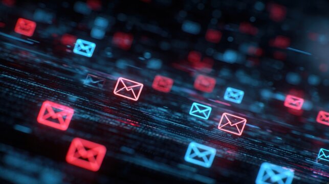 Digital visualization of email data flow with glowing red and blue envelope icons representing cybersecurity and communication concepts