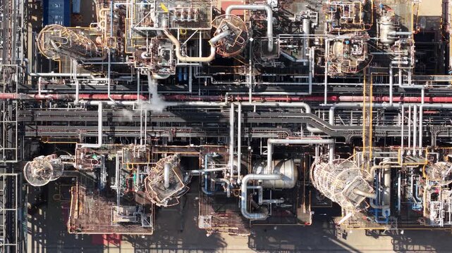 Aerial view of the complex industrial piping, metal structures, and storage tanks at Salt End chemical park with rising steam Salt End, England, United Kingdom.