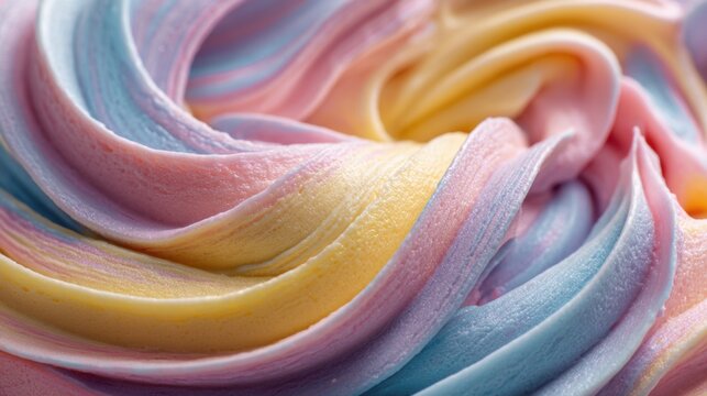 Close-up macro view of pastel rainbow swirled frosting with creamy texture