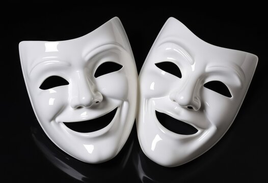 Smiling white comedy masks isolated on reflective black backdrop