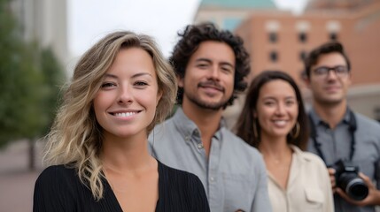 Fototapeta premium A diverse group of friends or colleagues smiles happily together while posing outdoors in a modern city setting