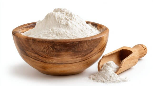 White flour or fine powder in a wooden bowl with a scoop, isolated on white background