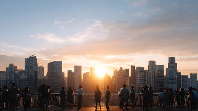 A group of people observes a spectacular sunrise over a modern metropolitan city skyline from a high vantage point