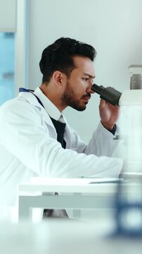 Man, scientist or tablet with microscope for forensic research, medical study or exam in laboratory. Male person, checking and healthcare worker with scope for scientific test results or clinic trial