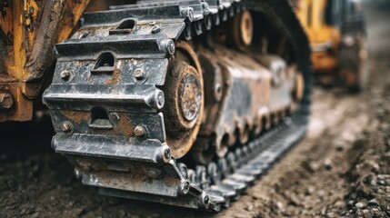 Fototapeta premium Close-up of dirty metal tracks of a heavy-duty bulldozer on a muddy construction site