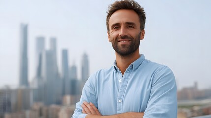 Plakat Confident man with arms crossed stands against a modern city skyline conveying success and professional optimism