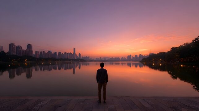 A solitary figure stands contemplating the expansive metropolitan skyline reflecting in the calm waters at dawn