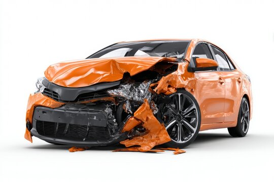 Crashed Car With Front Damage Isolated on White Background in High Resolution Showing Accident Impact Details