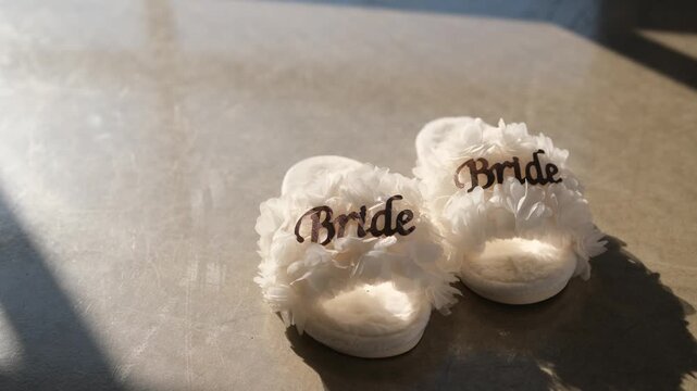 White fluffy bride slippers on a concrete floor
