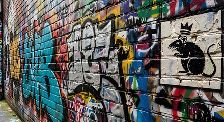 Fototapeta premium Vibrant urban graffiti wall with crowned rat stencil art in city alleyway at daytime with colorful street art and murals