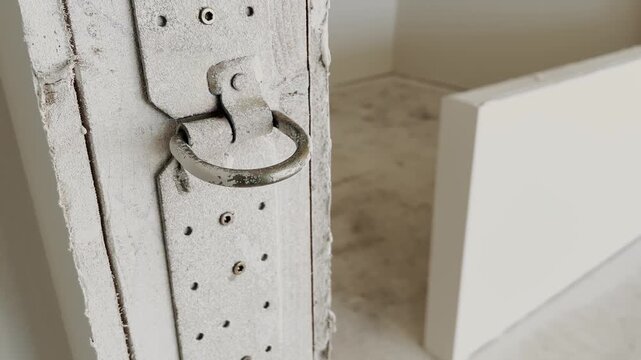 Male hand removing and attaching a safety hook in a renovation site.