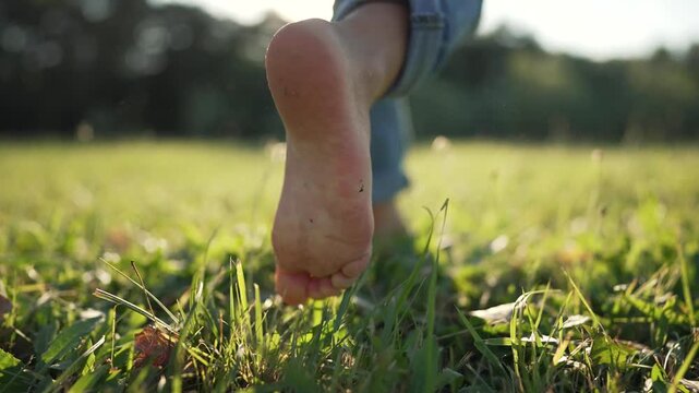 Barefoot walking on grass field in sunny meadow. Person walks barefoot through green grass. Feet step on natural meadow ground. Walking outdoors in sunlight. Barefoot freedom in nature park.