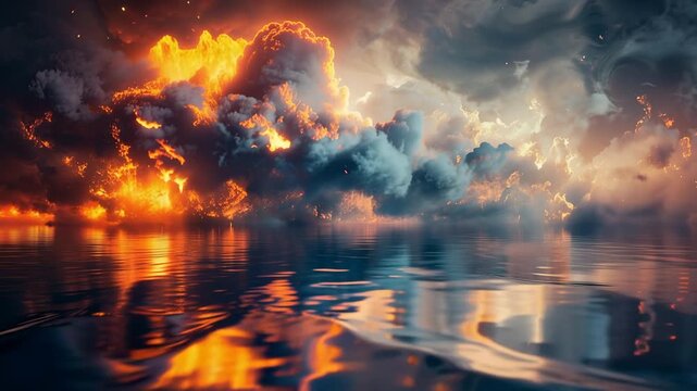 Fire clouds and smoke reflecting on calm water surface at twilight 4K video