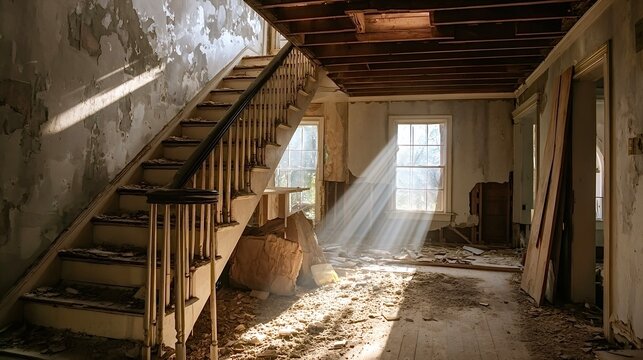 Abandoned house interior with sunbeams illuminating dust and decay