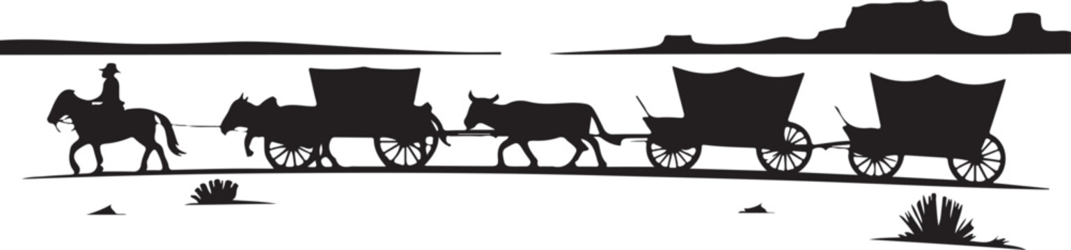 Horse and wagon train silhouette western landscape