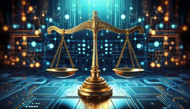 a golden scale of justice rests on a digital circuit blending the realms of technology and law in a modern metaphor