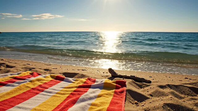 This captures a serene beach scene with a colorful towel on the sand at sunset. The warm sunlight casts a golden glow on the shoreline, creating a peaceful ambiance. The sound of the waves gently