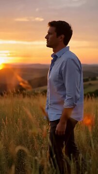 This captures a serene moment of a man standing in a field during sunset. The warm light and vibrant colors create a peaceful atmosphere, perfect for relaxation and meditation.