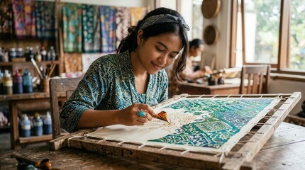 Fototapeta premium Young woman creating batik fabric in an art studio