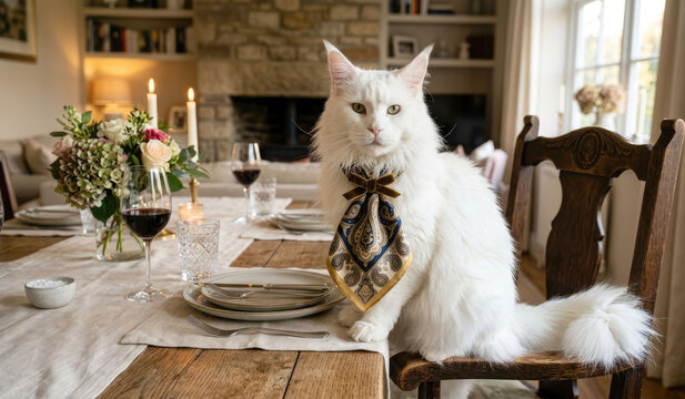 An elegant white Main Coon cat sits on a wooden chair at a dining table set for dinner, surrounded by flowers, wine glasses and warm, cozy home decor.
