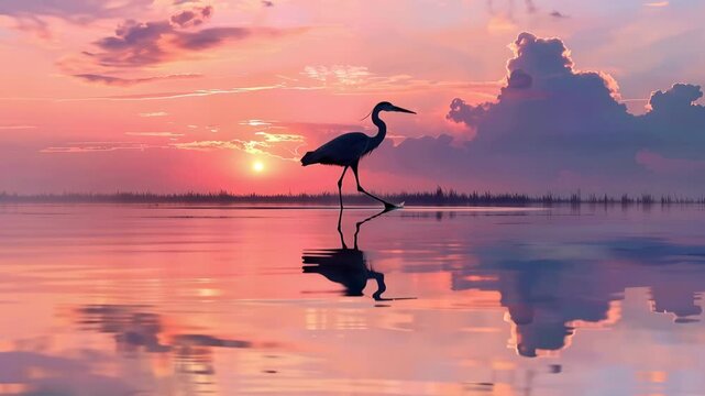 4k cinematic sunset silhouette of heron wading in serene wetland reflection