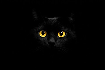 Glowing Yellow Eyes of a Black Cat Appear From a Dark Background Revealing Mystery and Intrigue in a Minimalist Setting