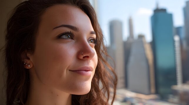 A thoughtful individual gazes out a window at a sweeping modern city skyline symbolizing aspi n and future possibilities