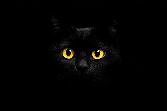 Glowing Yellow Eyes of a Black Cat Appear From a Dark Background Revealing Mystery and Intrigue in a Minimalist Setting