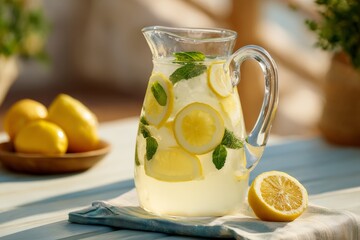 Fototapeta premium Refreshing Iced Lemonade Pitcher With Lemon Slices and Mint Leaves on a Summer Table for Enjoyable Moments Outside