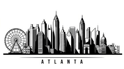 Fototapeta premium A horizontal banner displaying the Atlanta city skyline, featuring a black-and-white silhouette of Atlanta, USA, presented as a vector template for design use.