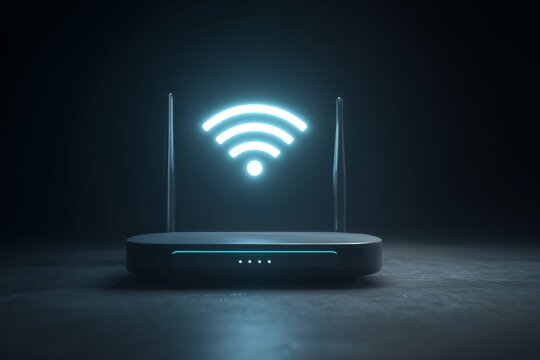 Glowing Secure Wi-Fi Symbol on Router in Dark Room Showing Network Security Features and Home Internet Connection