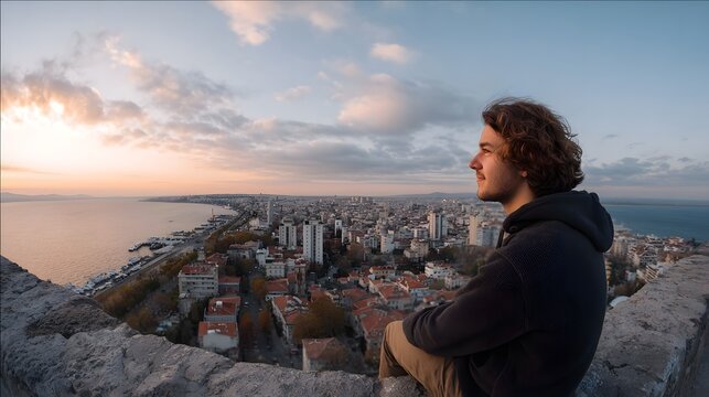 A thoughtful figure sits on a ledge overlooking a vast urban cityscape at the time of daybreak or twilight