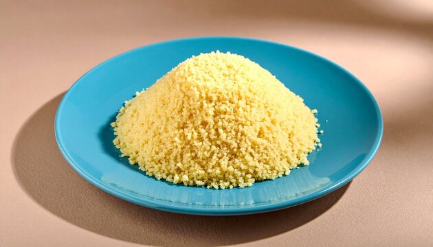 Mound of yellow couscous on bright blue plate, textured grains, neutral background.