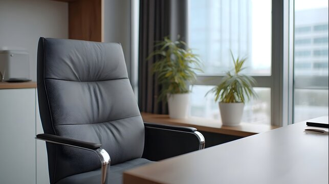 A minimalist office corner featuring a comfortable gray armchair placed beside a wooden desk with abundant natural light and greenery