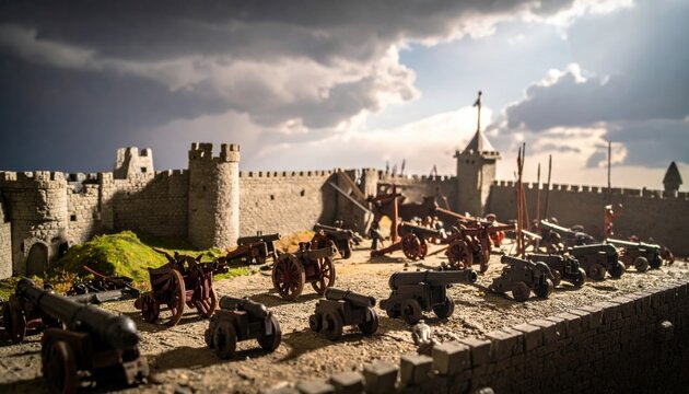 Meticulously painted miniature siege engines and cannons arranged before a stone castle fortification, creating an immersive historical warfare display under a dramatic cloudy sky.