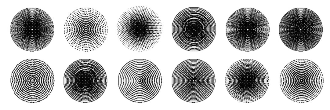 Radial halftone burst with concentric ripples with striking sonar-like graphics, for abstract backgrounds, soundwave visuals, or geometric target designs.