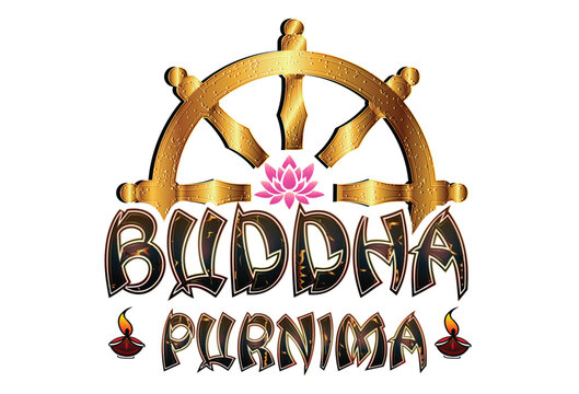 Buddha Purnima and Vesak Day celebration typography with golden dharmachakra wheel and lotus flower vector illustration