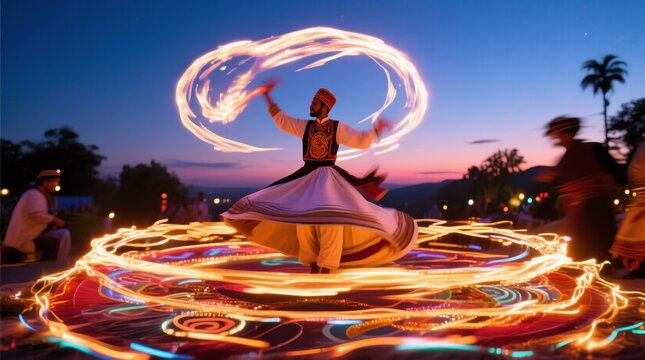 Whirling Dervish Performance with Fire in Twilight Landscape