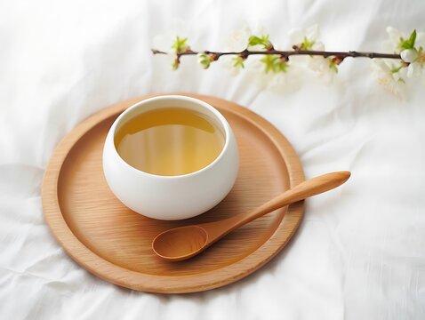 Cup of tea on wooden plate with spoon