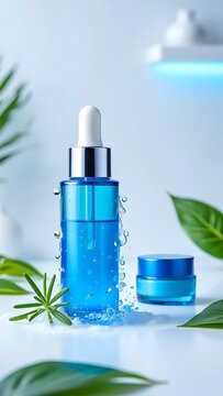 Blue cosmetic bottle with water drops and green leaves