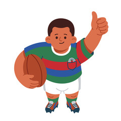 Young Rugby Player Holding Ball and Giving Thumbs Up.