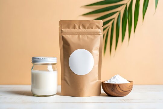 Brown bag with white powder and jar on table