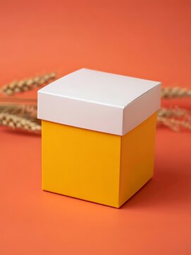 Orange box with white lid on red background