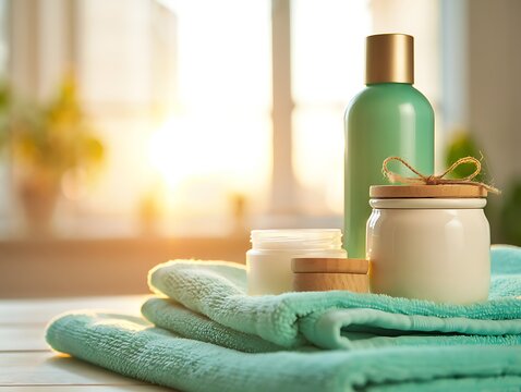 Spa products and towels on a table